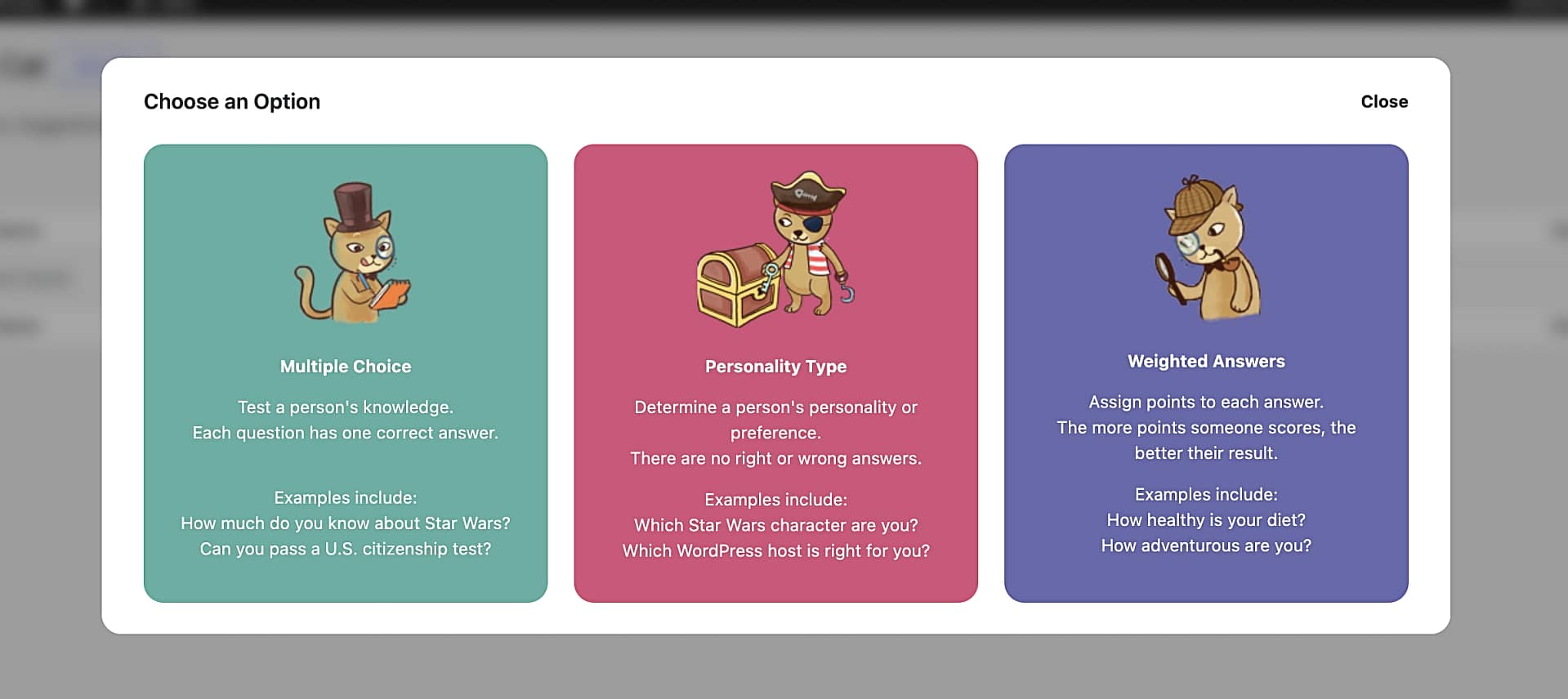 Choosing your quiz type.