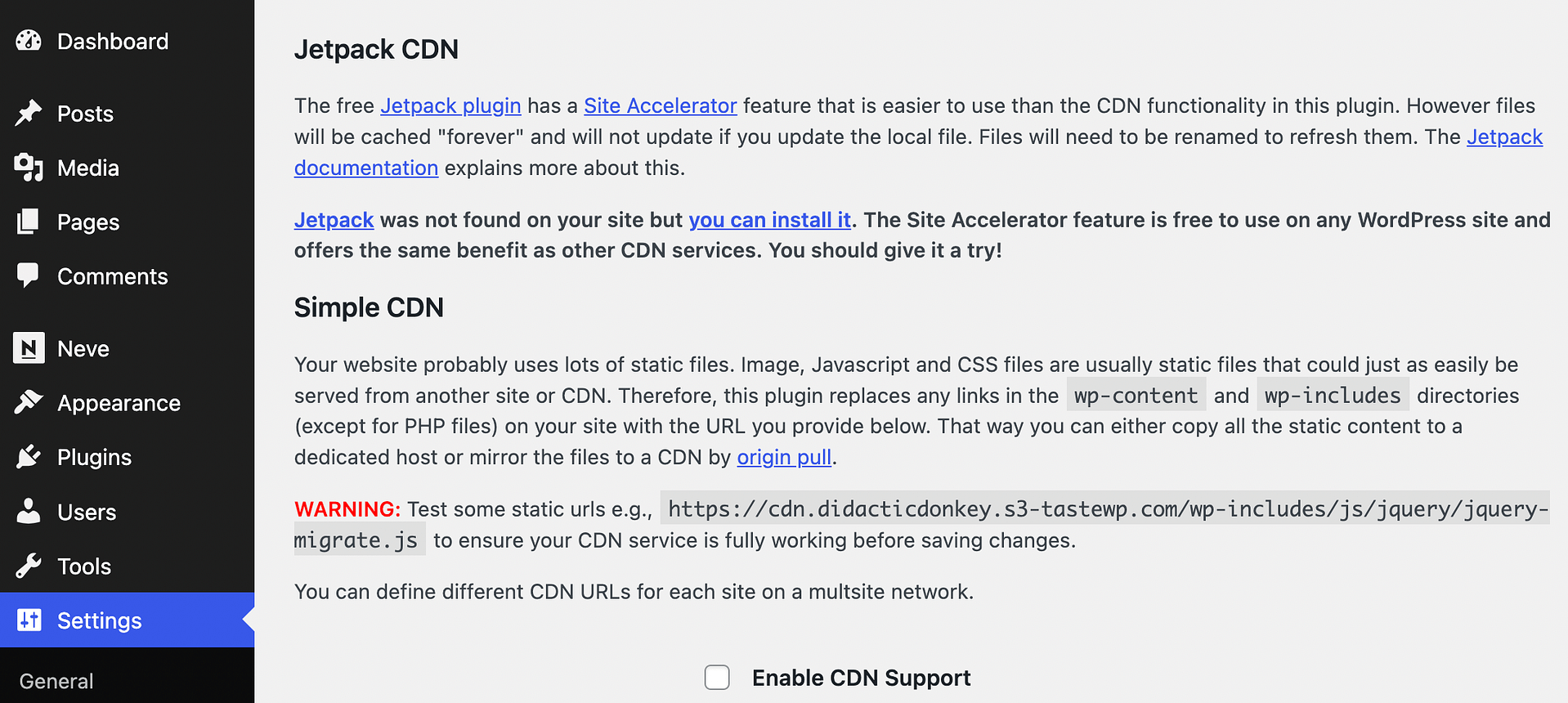 Enabling a CDN in WP Super Cache.