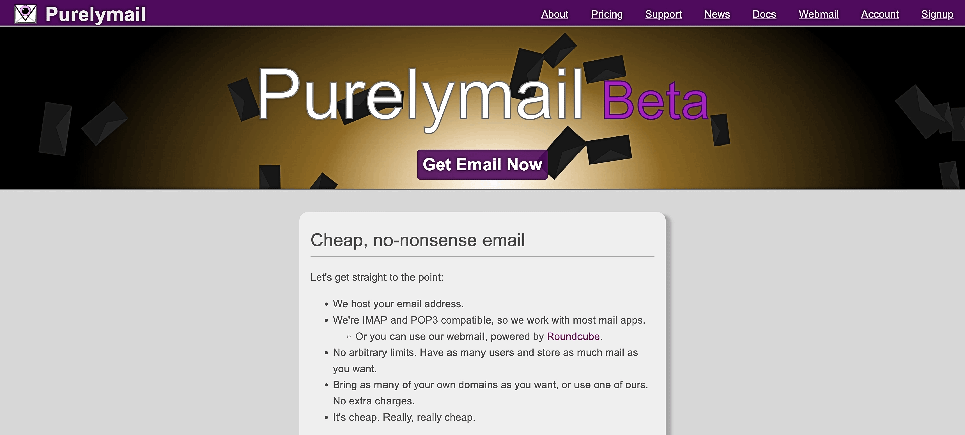 Purelymail homepage.