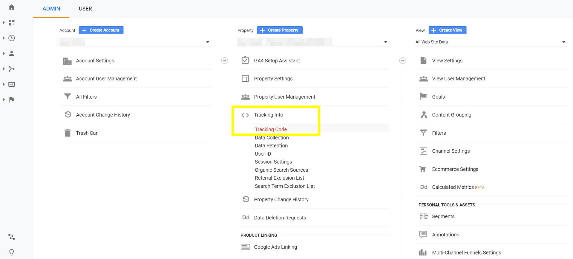 The tracking code in the Google Analytics settings.