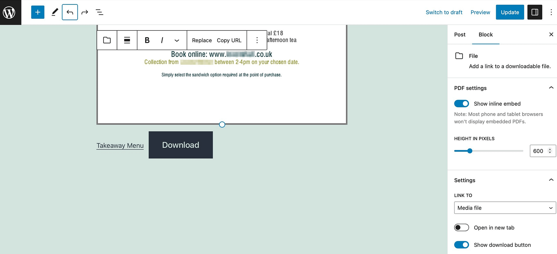 Files block settings to downloadable files in WordPress.