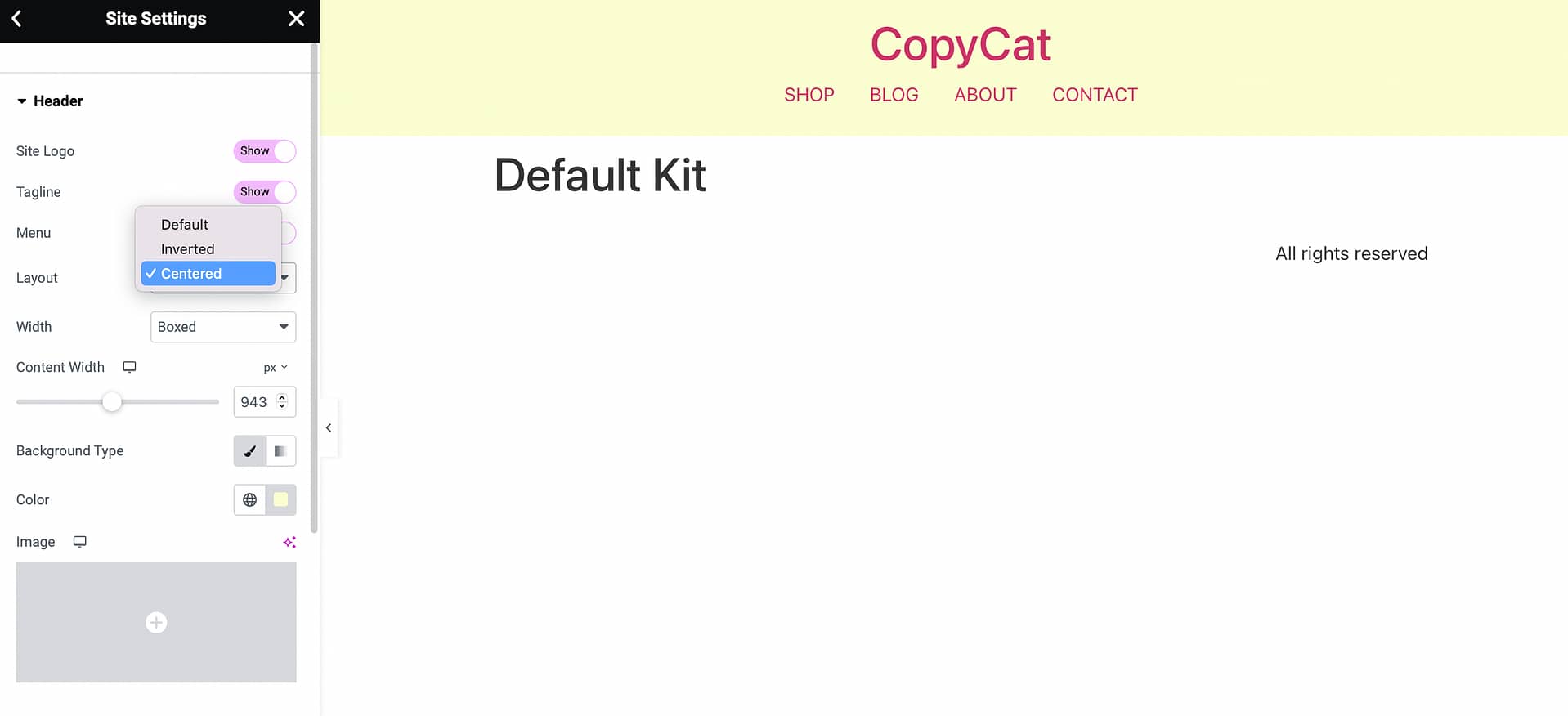 Hello Elementor header builder.