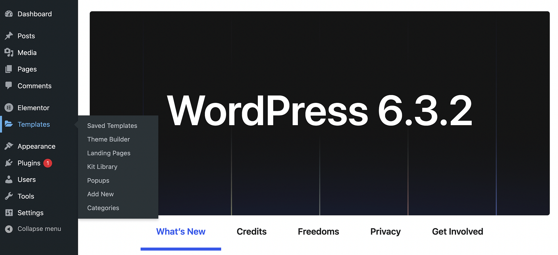 Elementor templates menu in the WordPress dashboard.