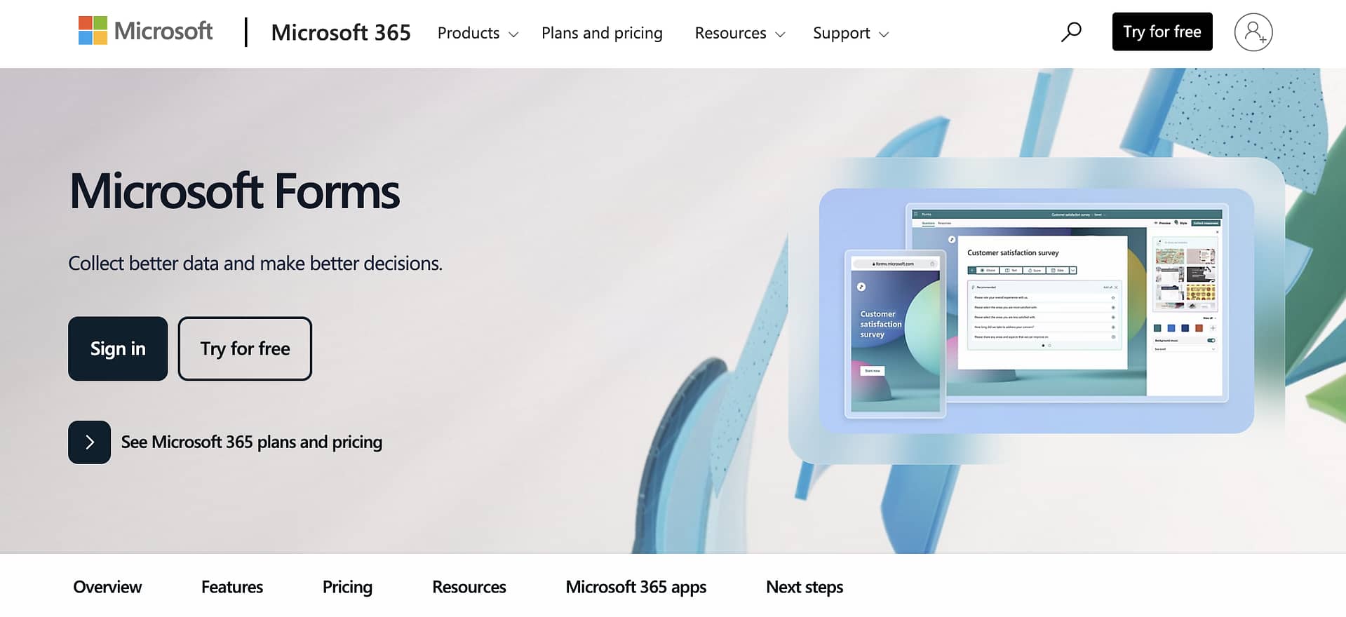Microsoft Forms landing page.