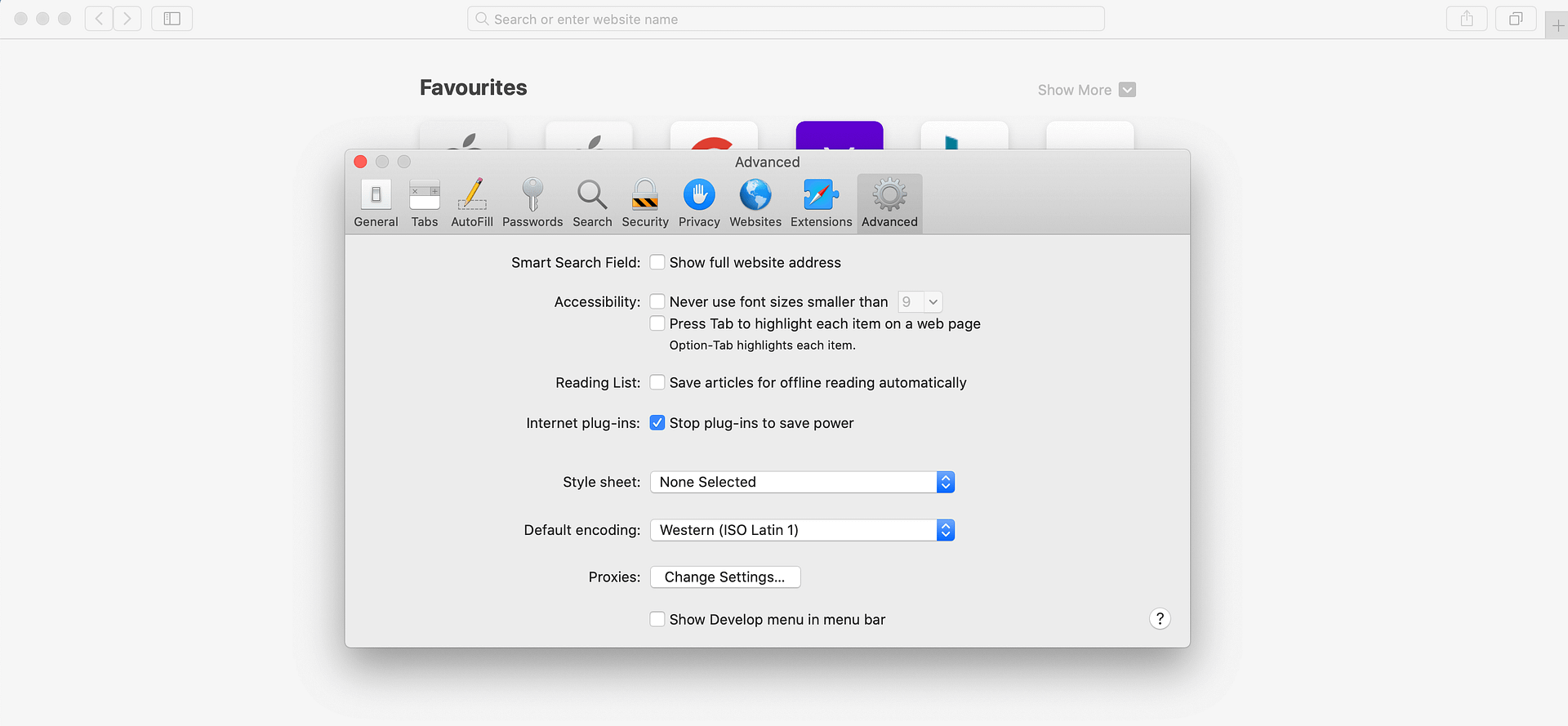 Apple Safari's Advanced tab.