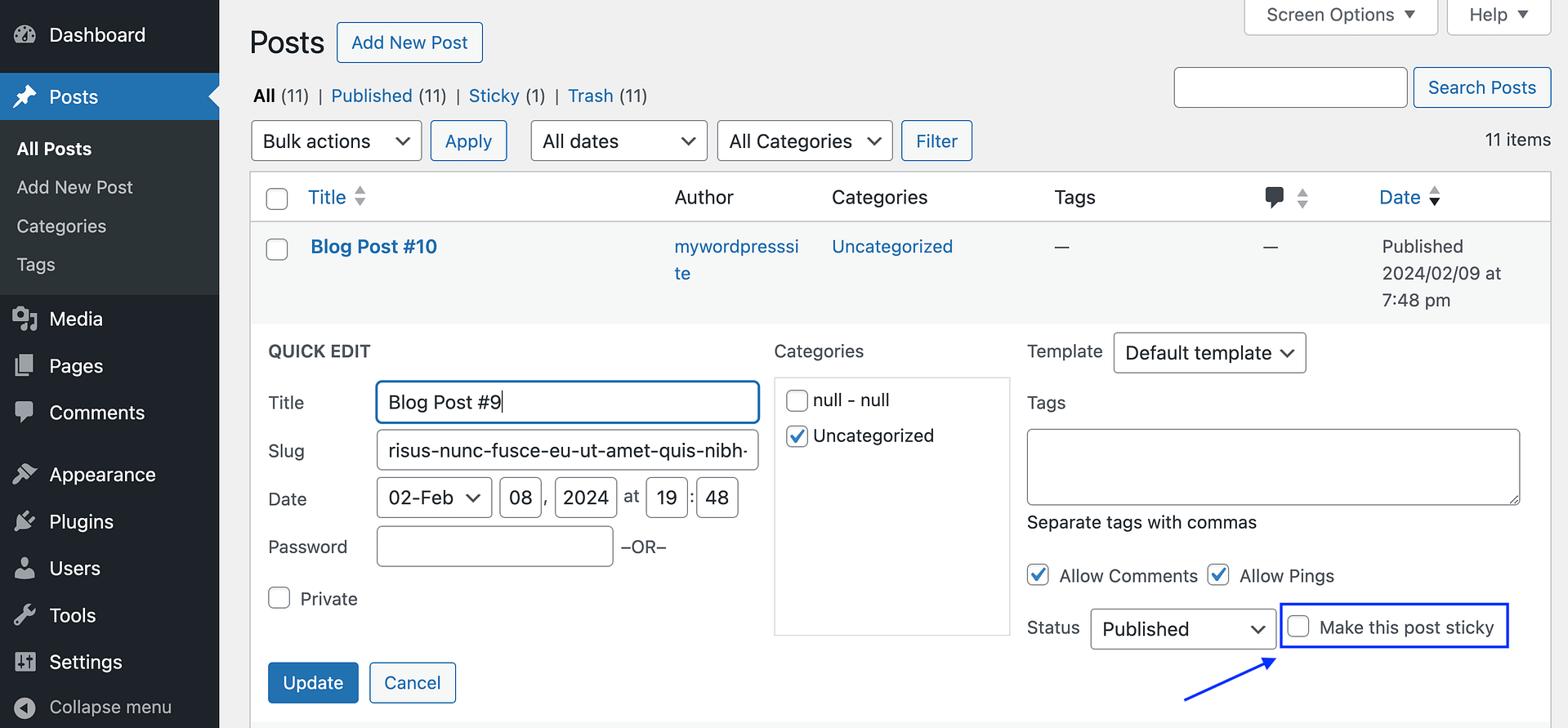 Making a WordPress blog post sticky using the Quick Edit options