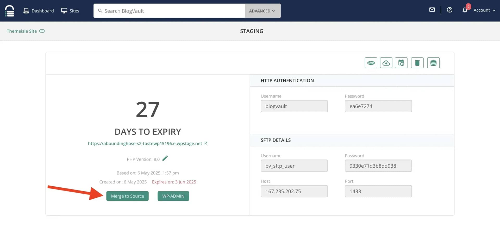 Merging the staging site with the live site in BlogVault.
