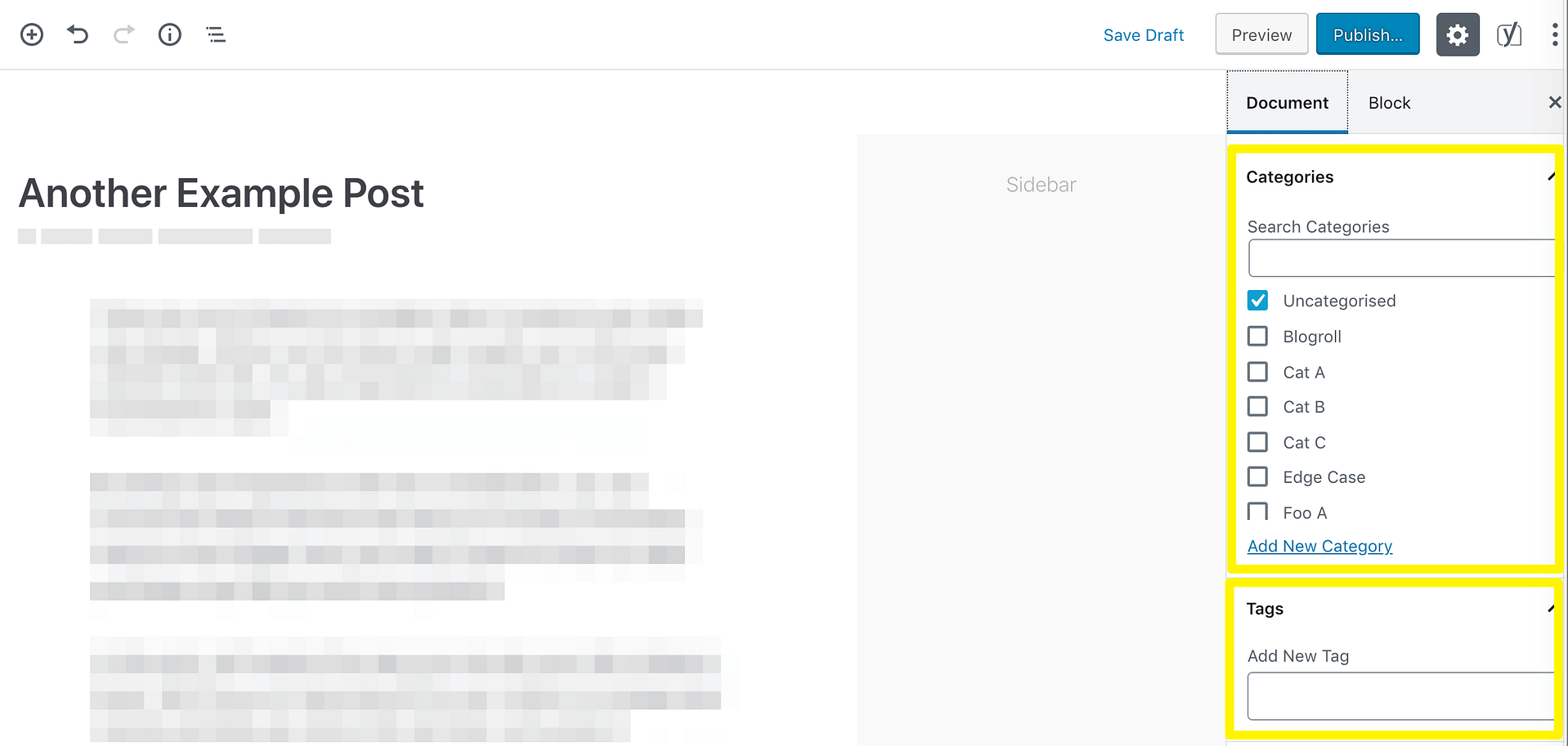 The Categories and Tags areas in the WordPress editor.