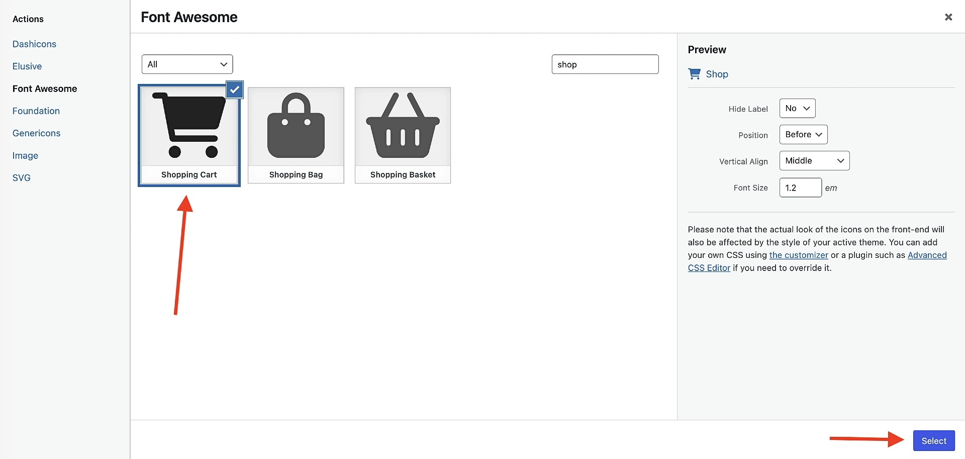 Selecting the Font Awesome Shopping Cart icon.