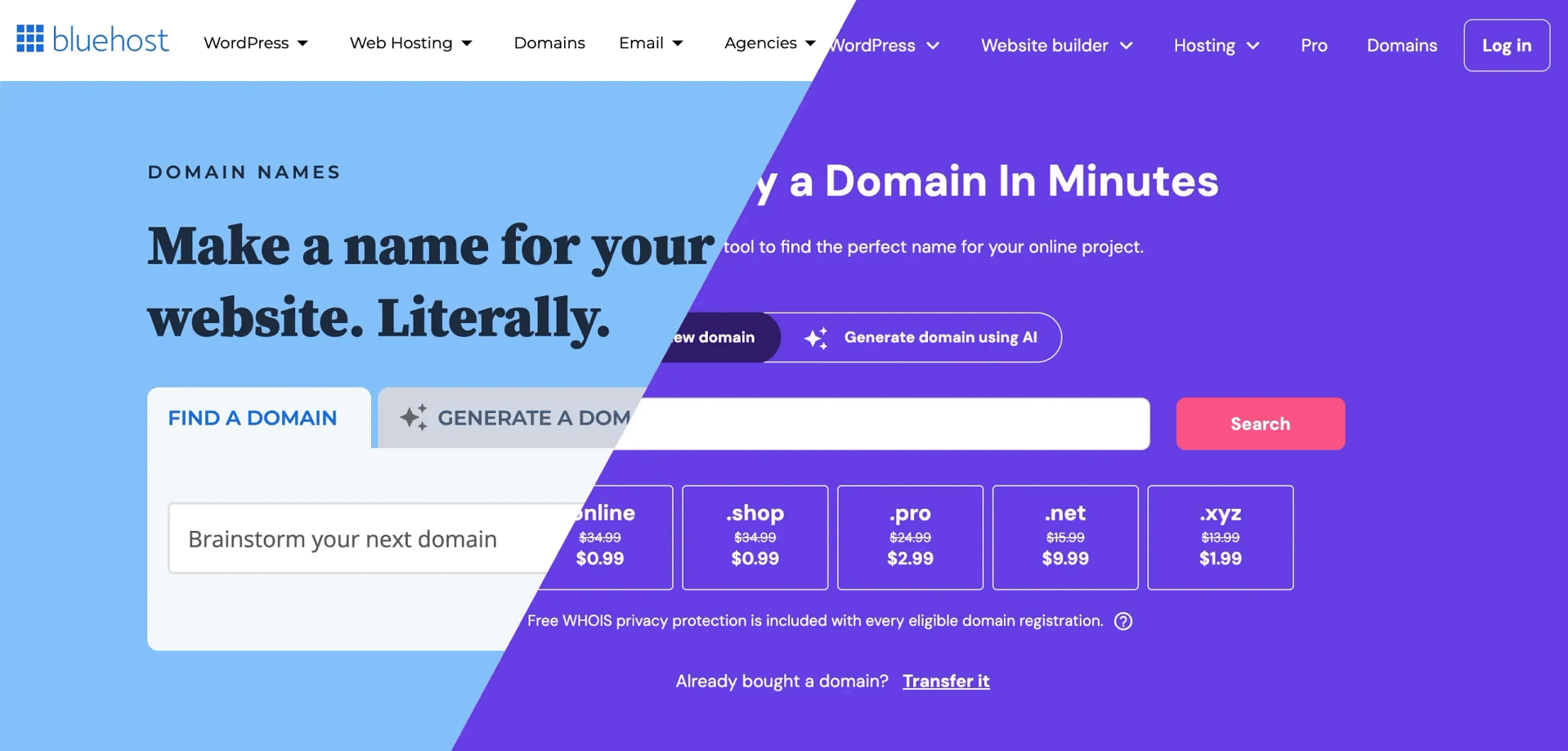 Bluehost and Hostinger domain registrar split screen.