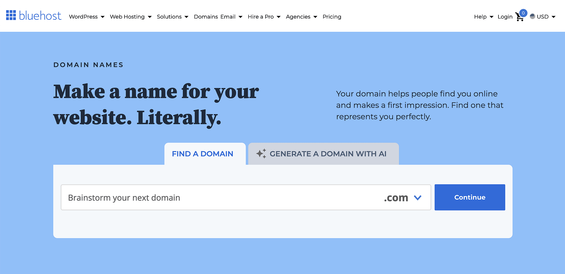 Bluehost domain registration page.