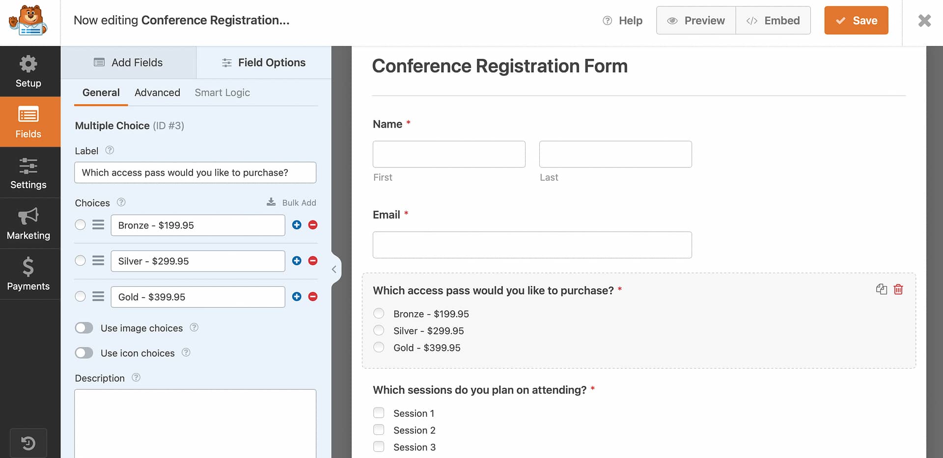 Customizing a form in WPForms form builder.
