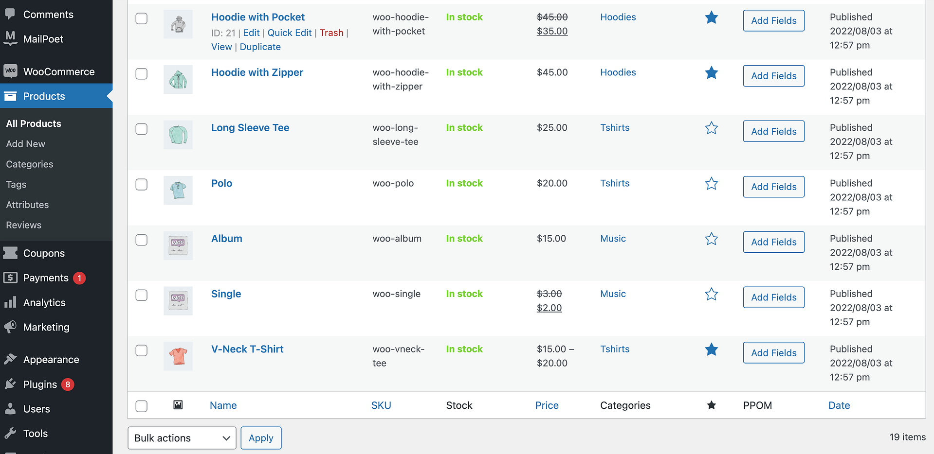 WooCommerce products on the back-end of a WordPress dashboard.