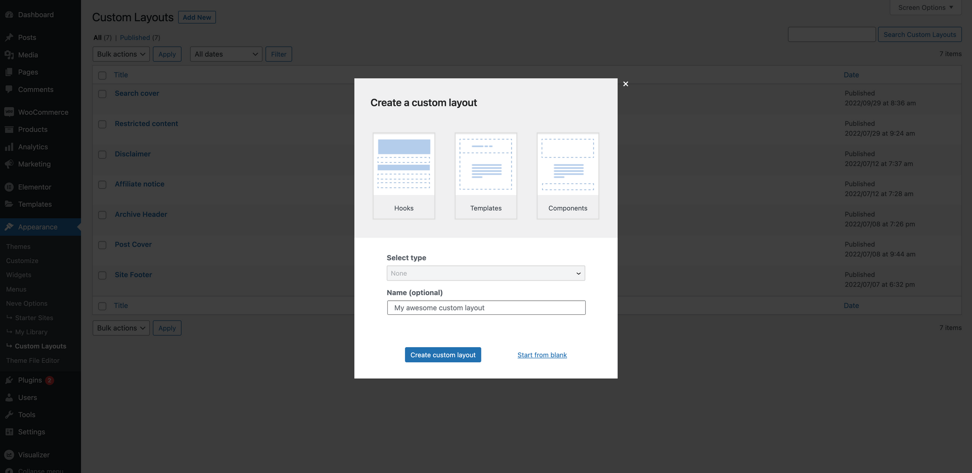 Custom layout wizard