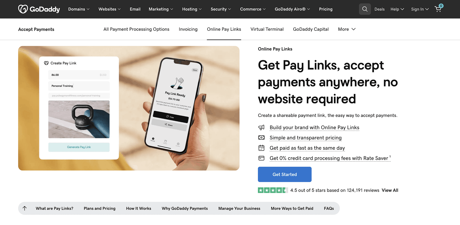GoDaddy PayLinks landing page.