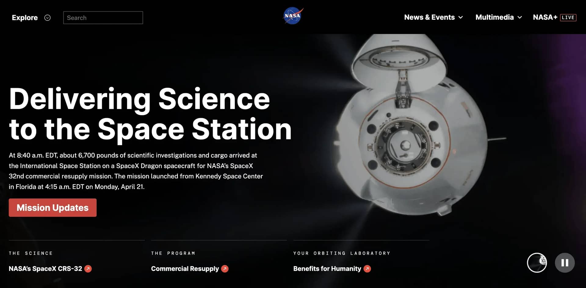NASA website homepage.