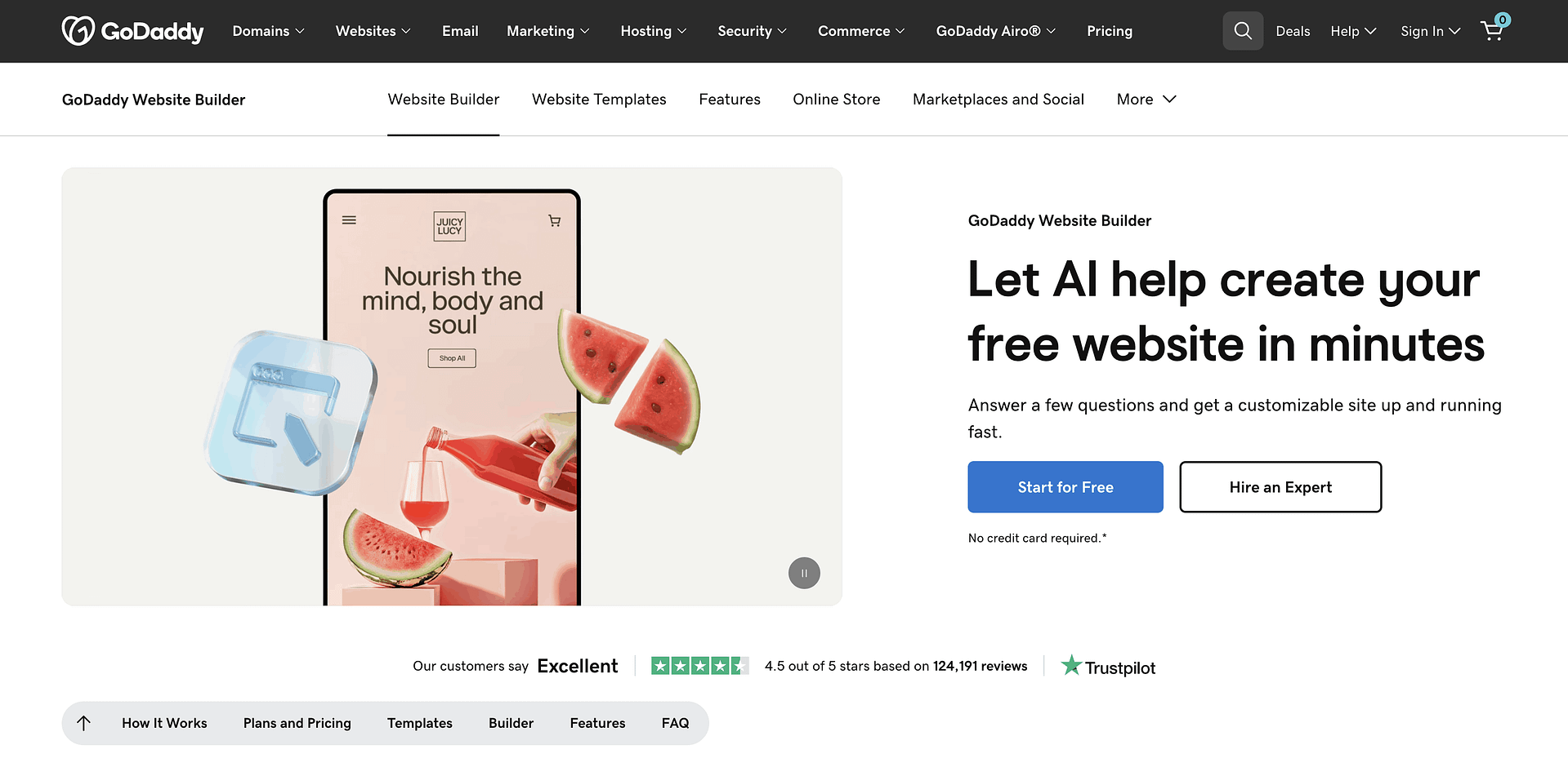 GoDaddy AI Website Builder landing page.