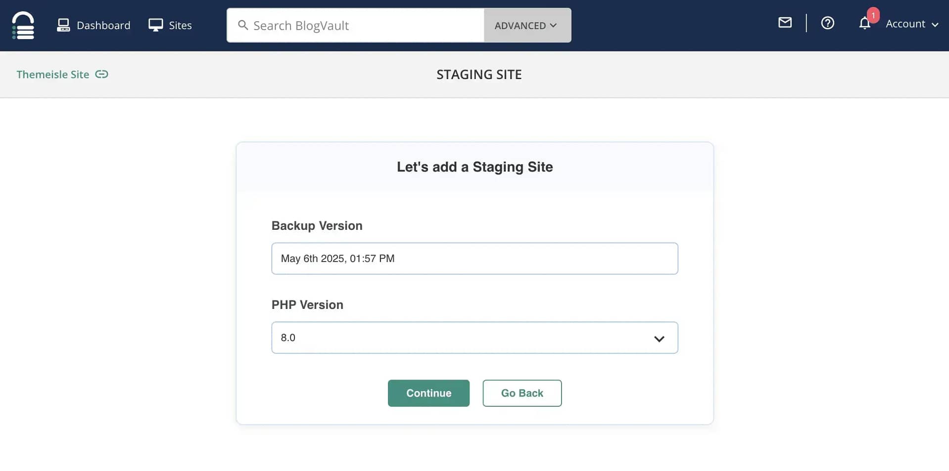 Adding backup version title and choosing PHP version.