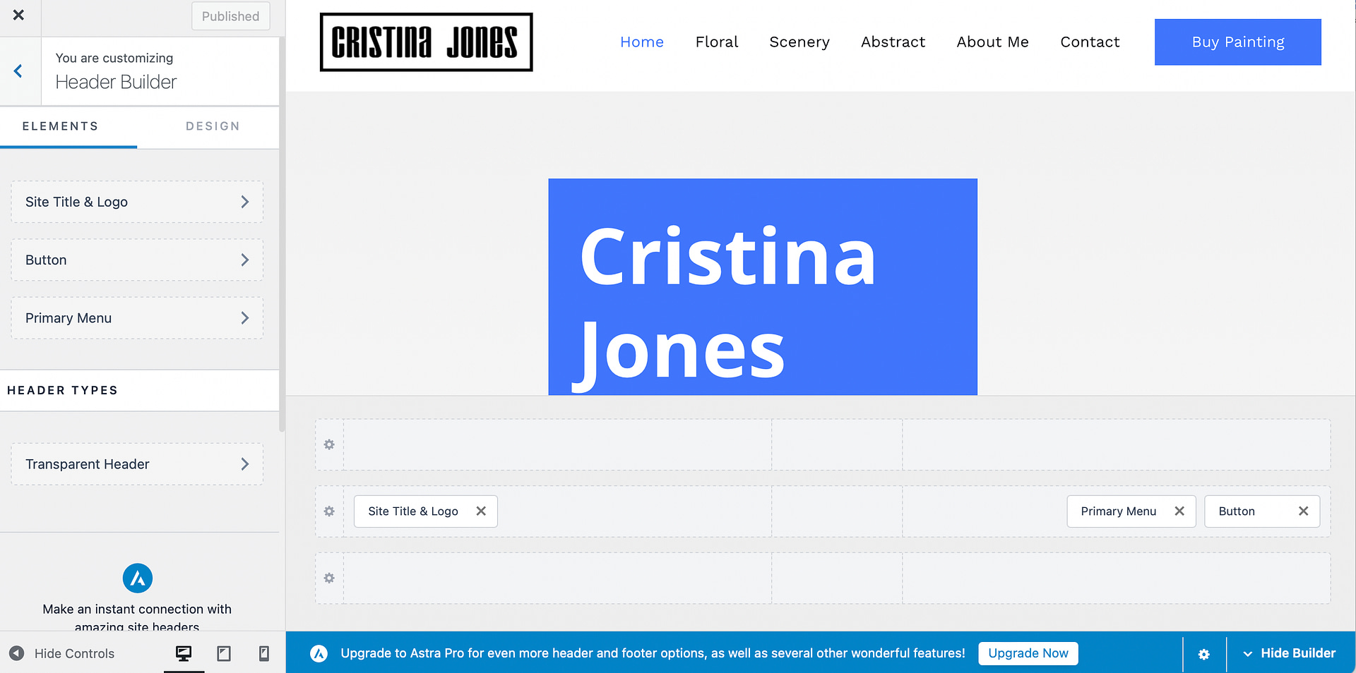 Astra theme review of the header and footer builder tool.