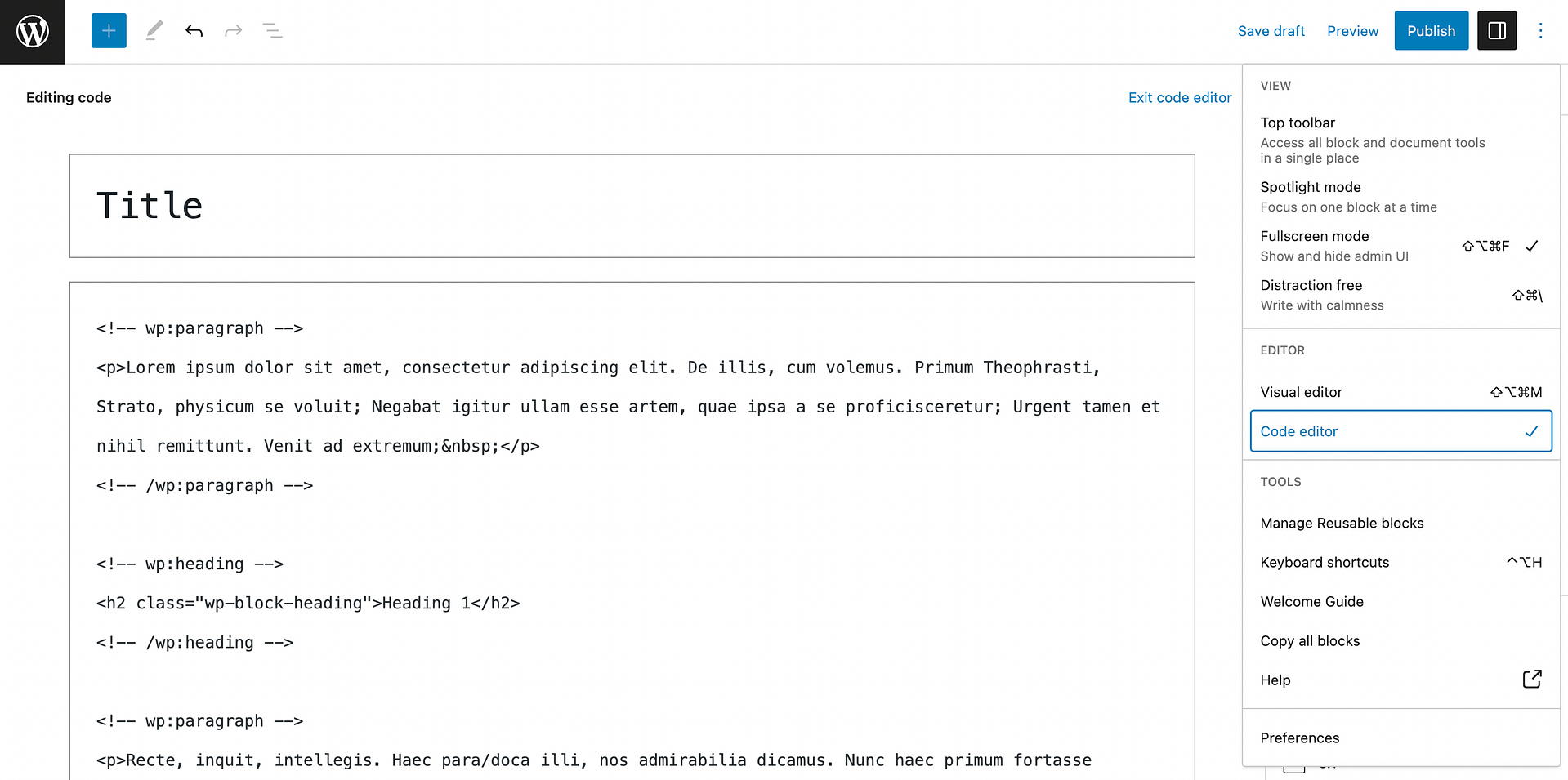 The WordPress Block Editor's Code Editor.