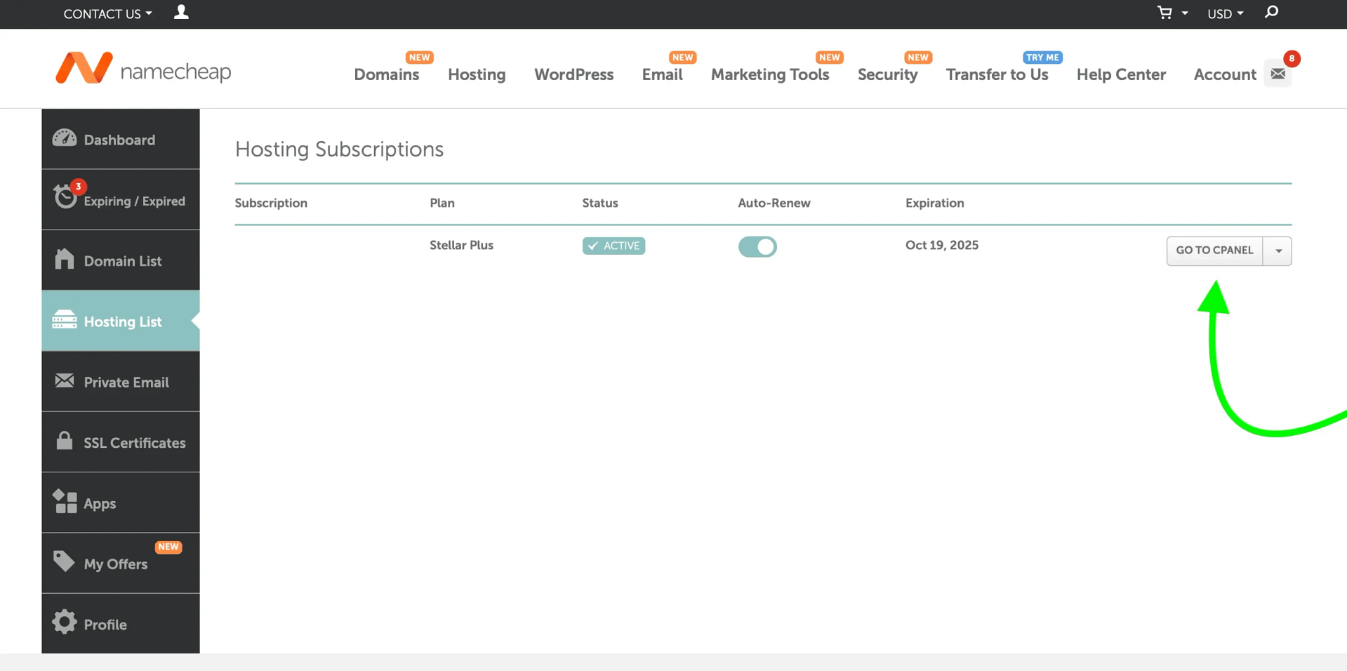 Accessing cPanel from the Namecheap dashboard with one click.