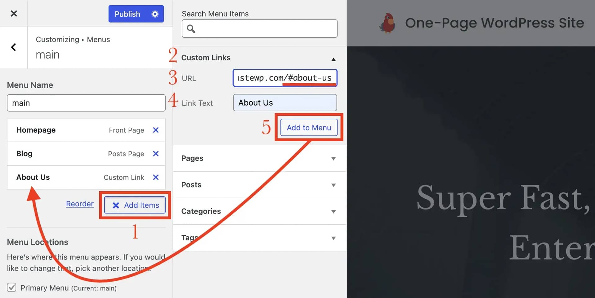 Adding a new on page menu item in WordPress
