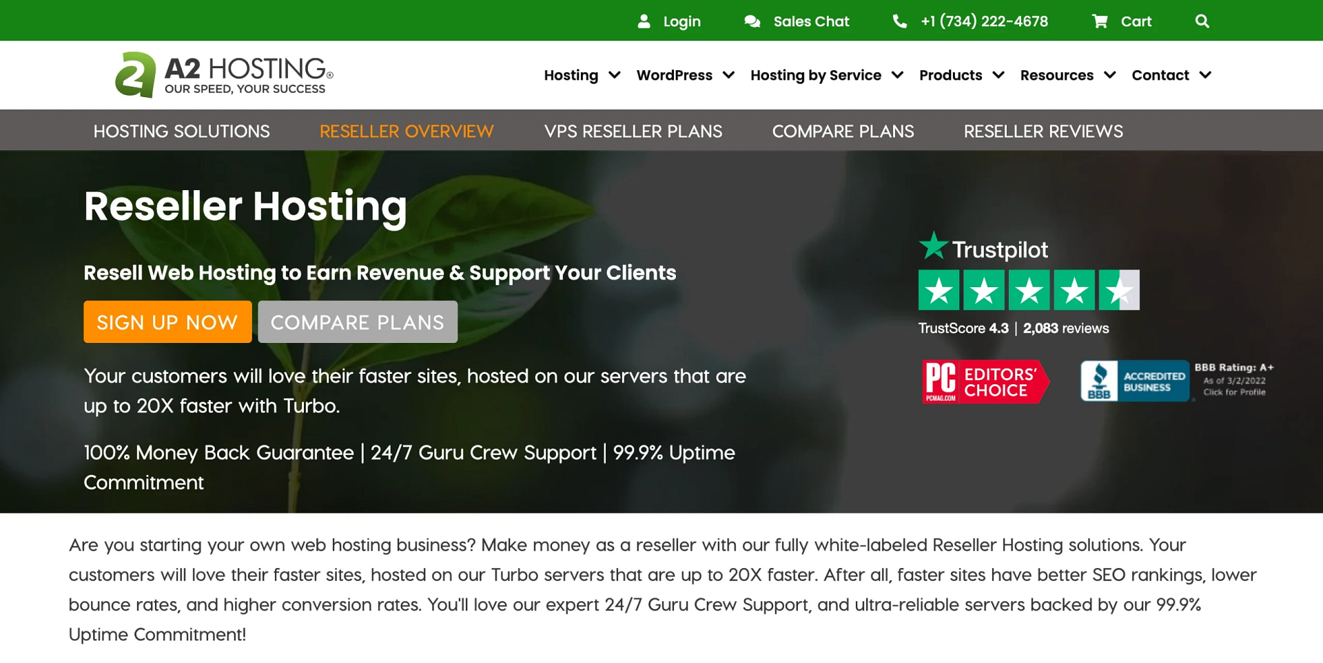 A2 Hosting reseller page.