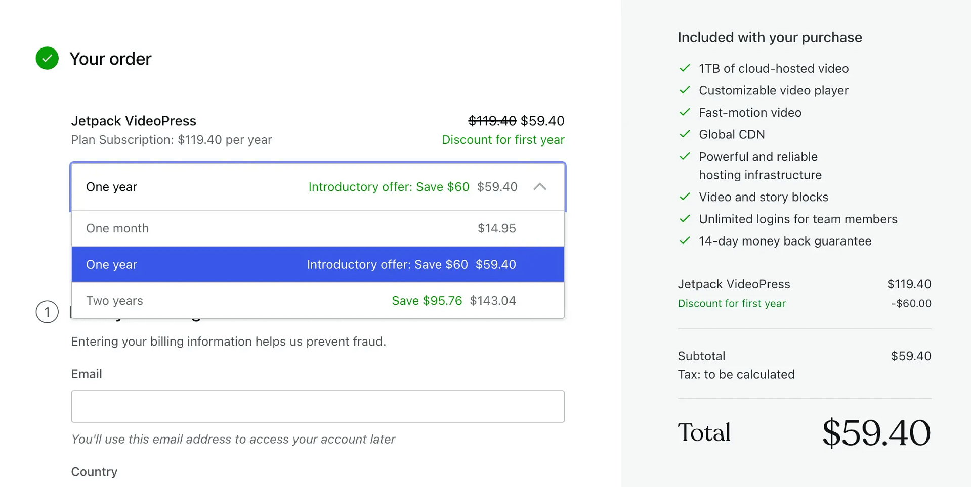 Jetpack VideoPress pricing plans.