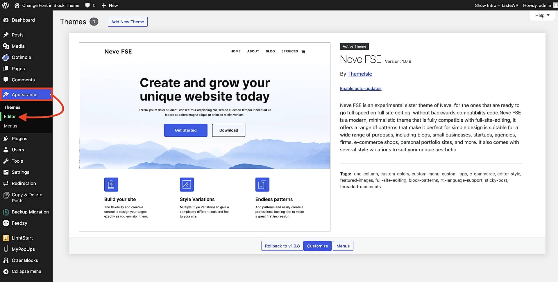 Accessing the Full Site Editor from the WordPress dashboard.