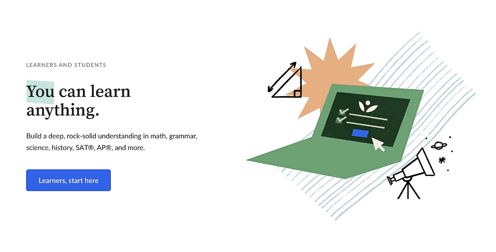 The Khan Academy homepage displays one of the most effective call to action examples.
