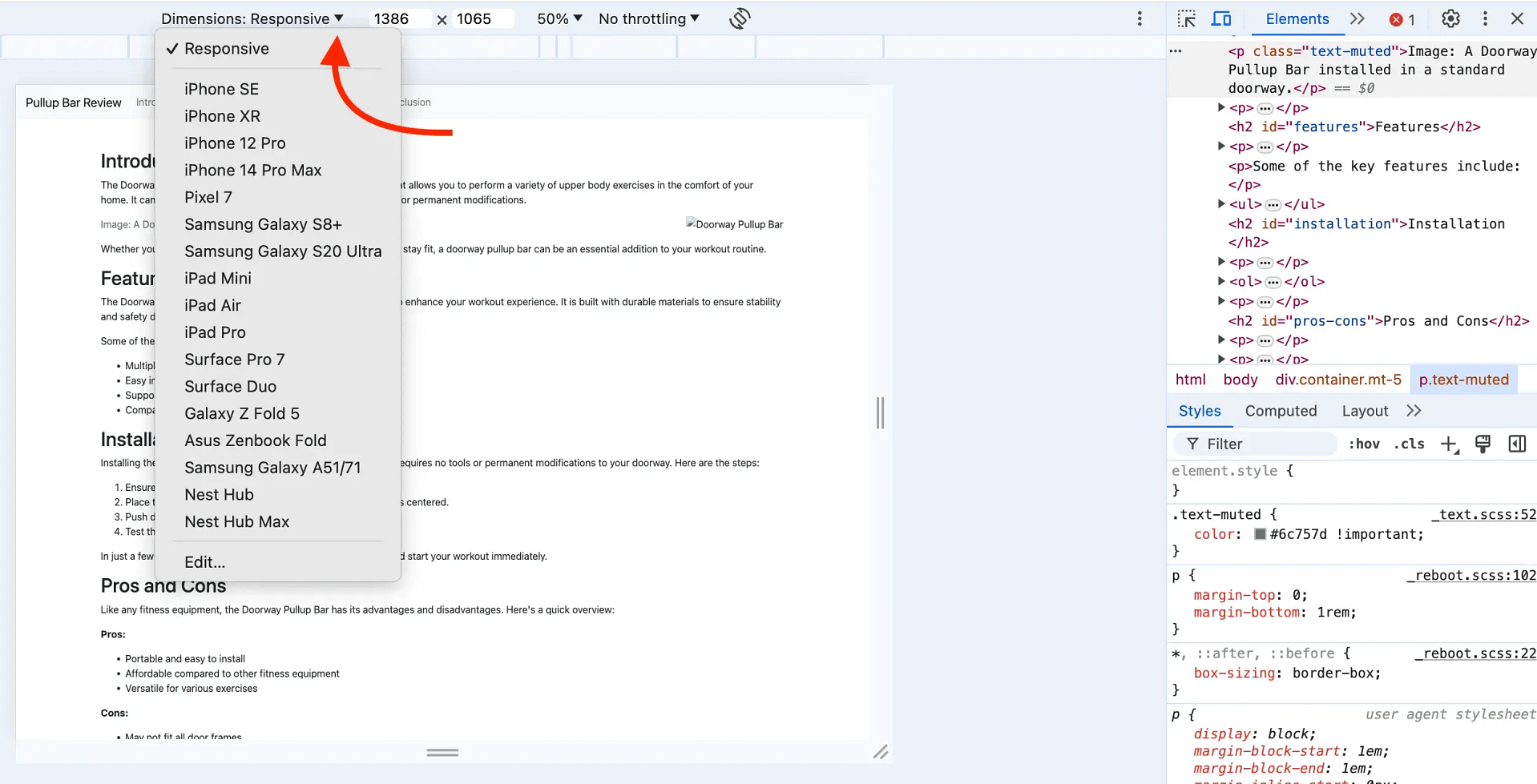 Toggling the screen size choices in the Inspect tool.