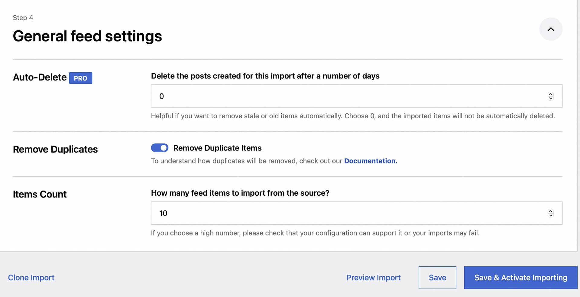 General import feed settings.