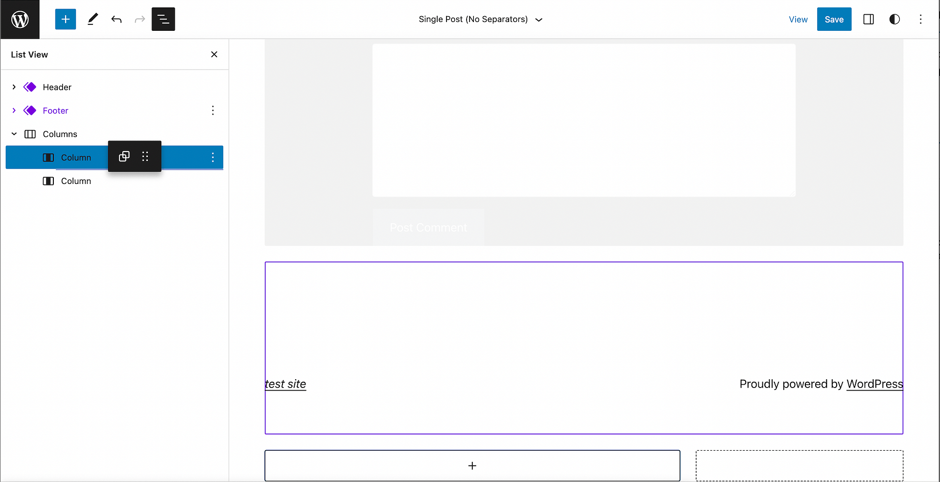 Move WordPress Group to Column.