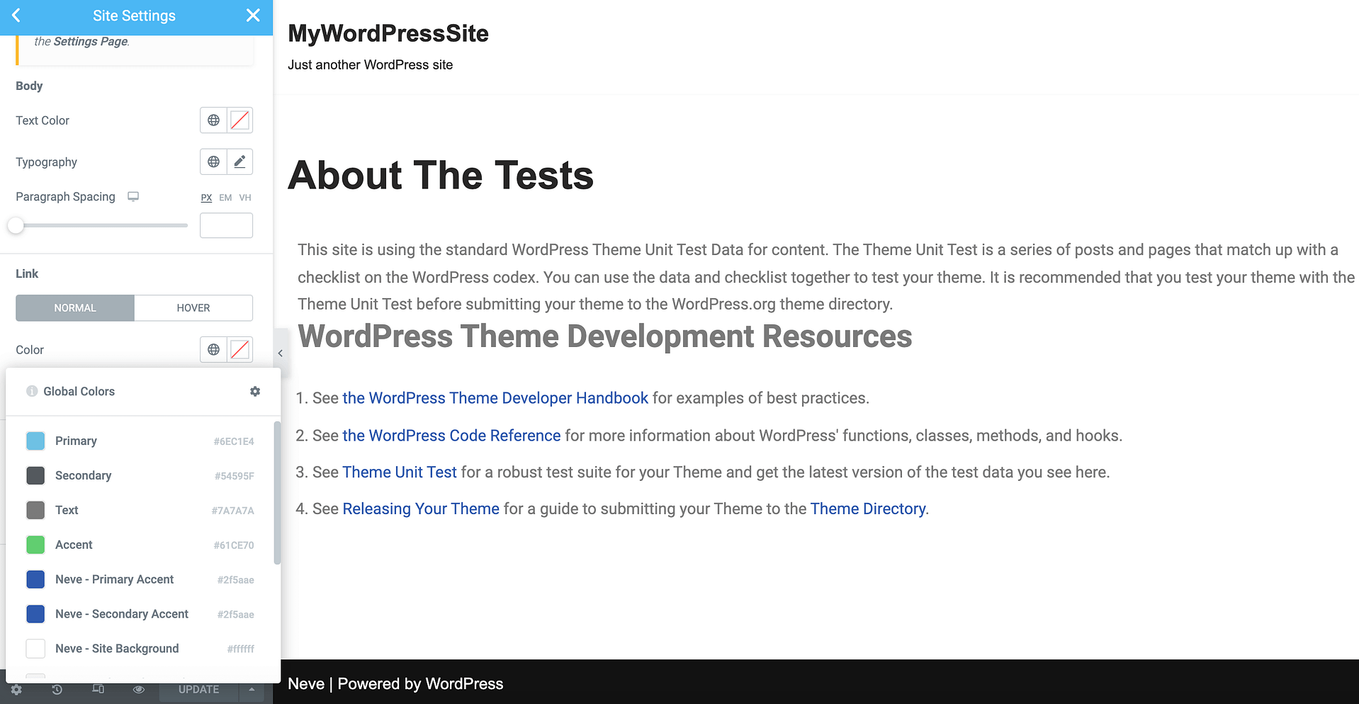 Changing the link color in WordPress, using a page builder.