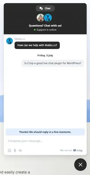 Crisp live chat window on a WordPress site