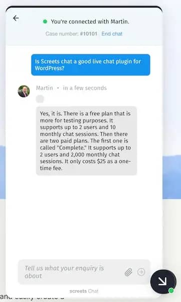 Screets live chat plugin window