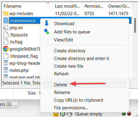 deleting maintenance file via filezilla - an automated wordpress update has failed to complete