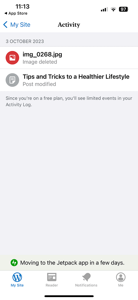 WordPress app activity log.