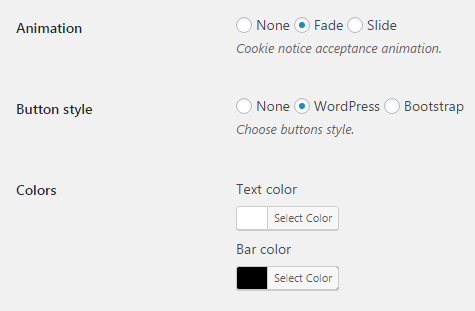 The Cookie Notice style settings.