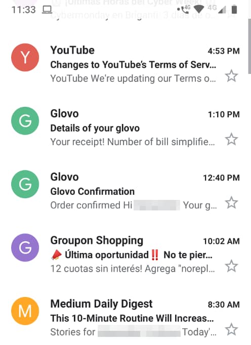 Gmail inbox on a mobile device