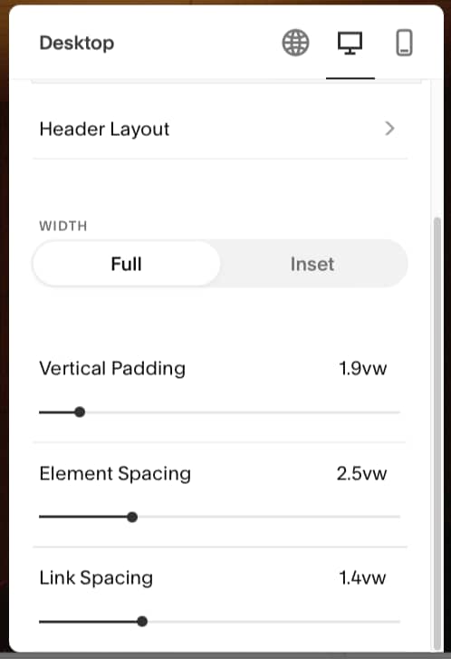 The desktop header options