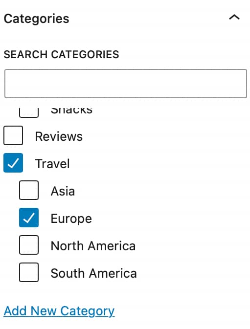 WordPress categories example from a travel blog.