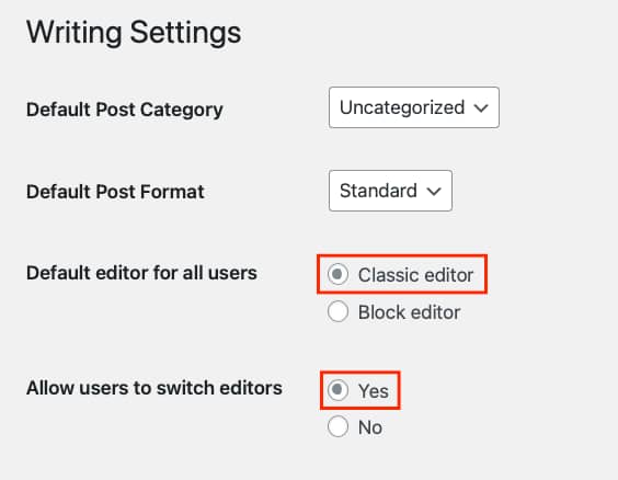 The Gutenberg Classic Editor plugin settings.