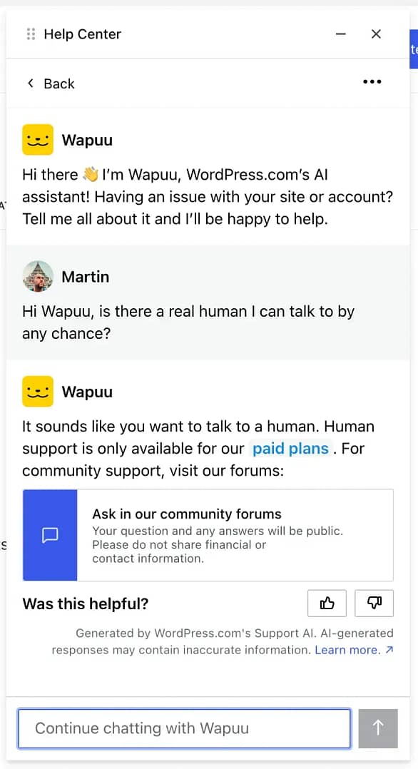 Conversation with WordPress AI chatbot.