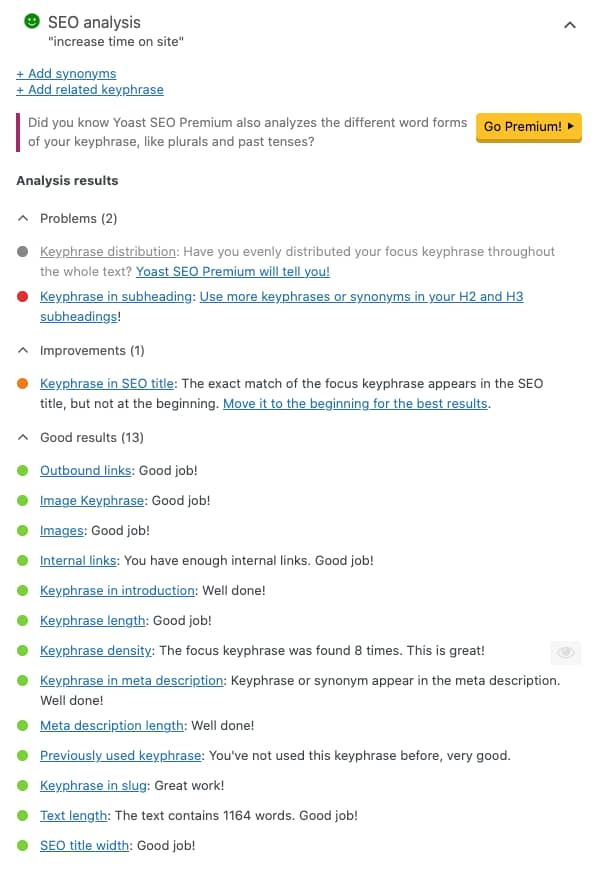 Yoast SEO analysis inside the WordPress editor