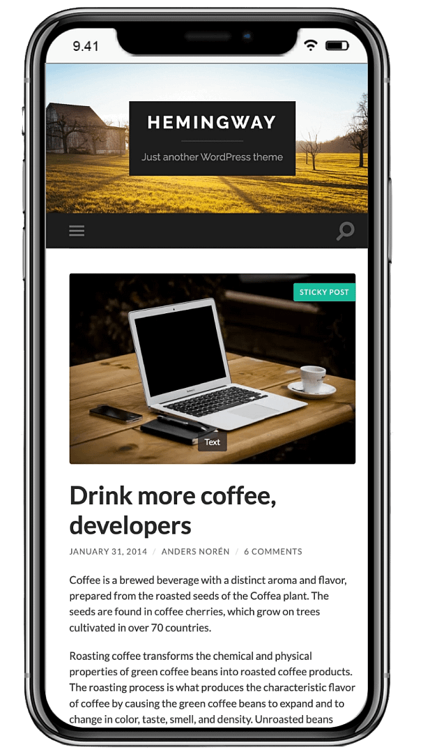 Hemingway theme mobile mockup.