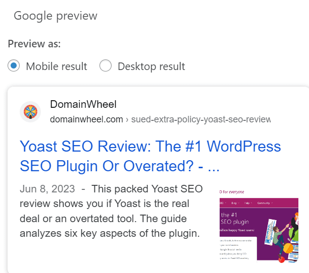 Google preview of meta description inside Yoast SEO.