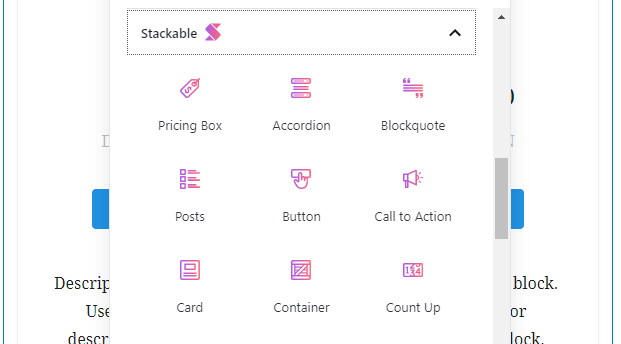 Некоторые блоки, которые Stackable добавляет в редактор блоков WordPress.