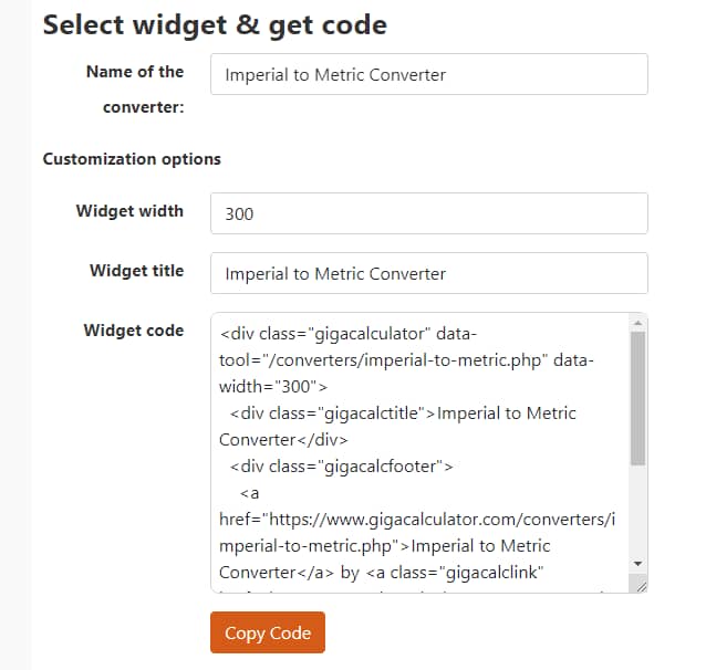 Copying the GIGA converter embed code.