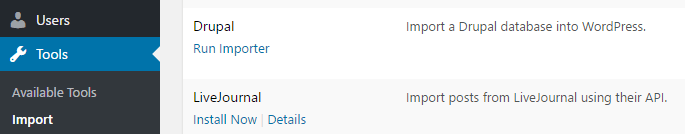 The WordPress Import menu.